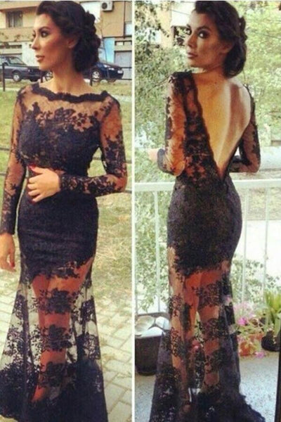 Mermaid Lace Long Sleeves Open Back Prom Dresses Evening