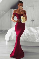 Mermaid Off the Shoulder Sweep Train Burgundy Satin Prom Dress Pgmdress