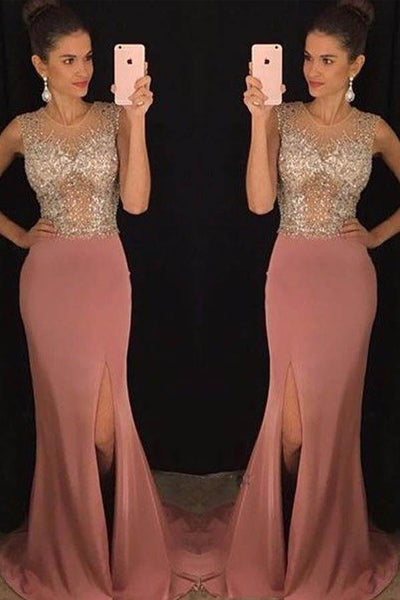 Mermaid Round Neck Blush Split Long Prom Dresses with Beading PG767