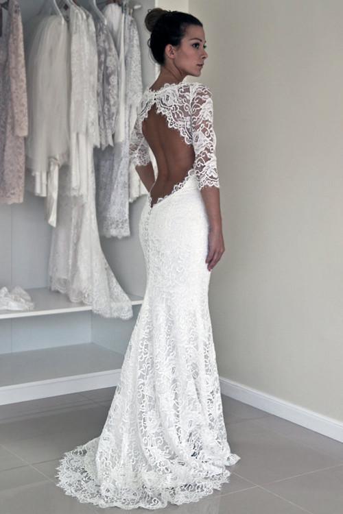 High Neckline Lace Backless Mermaid Wedding Dresses With Court Train –  Pgmdress