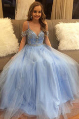 Sky Blue Off the Shoulder Flower Appliques Long Beautiful Prom