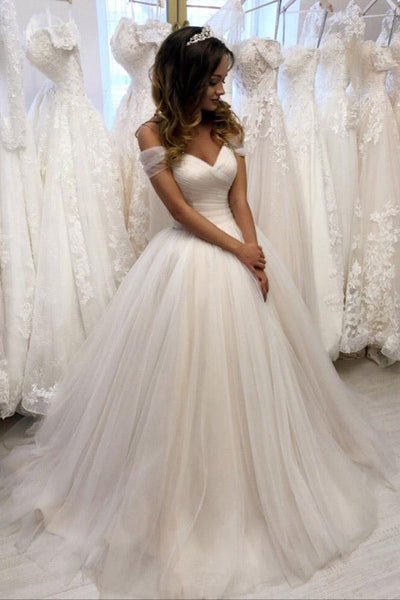 pgmdress Elegant A-Line Off Shoulder White Tulle Wedding Dress with  Appliques US18 / As Picture, White Tulle