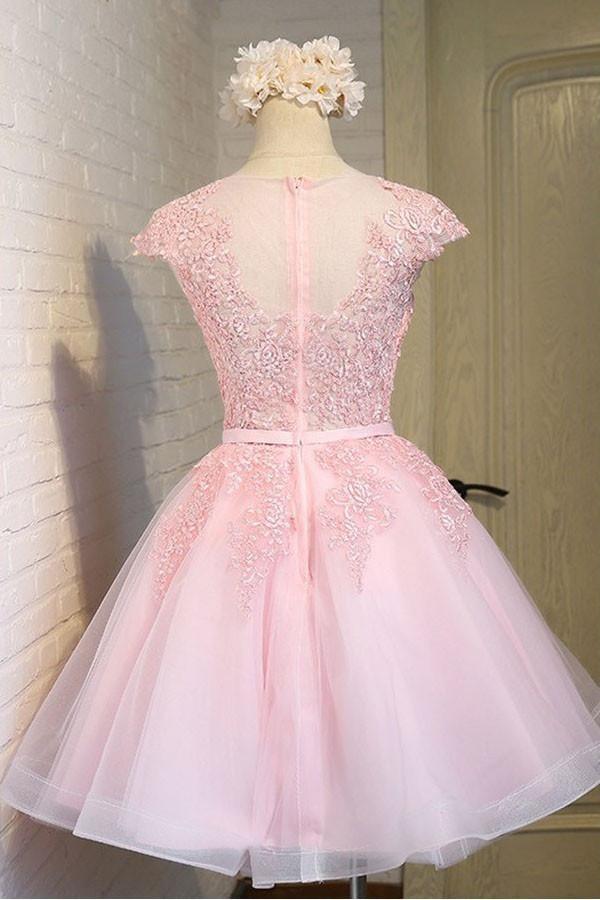 Pink Lace Short Tulle Homecoming Dress Party Dress with Cap Sleeves –  Pgmdress