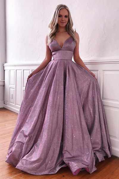 Lilac Glitter Spaghetti Straps Pockets Prom Dress