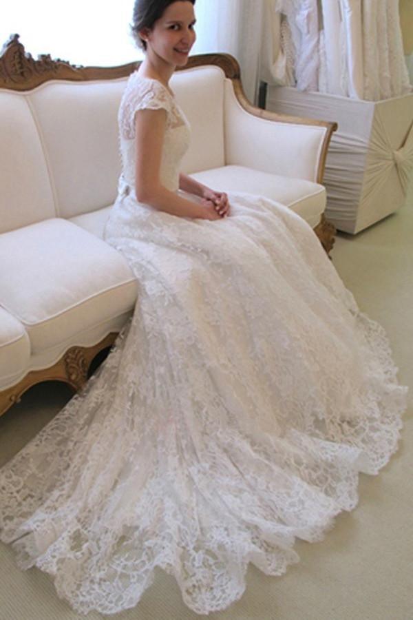 Scoop Neck Short Sleeve A-Line Lace Court Train Wedding Dress – Pgmdress