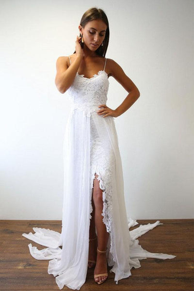 Long Sheath Spaghetti Straps Lace Beach Wedding Dresses – Pgmdress