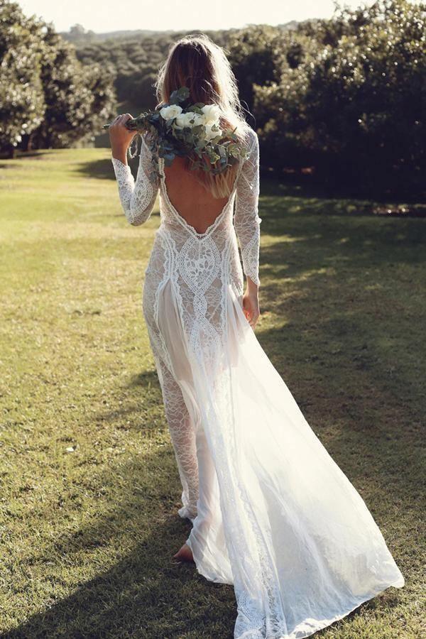 V-Neck Polka Dot Lace Open Back Long Sleeve Boho Bridal Gown WD433