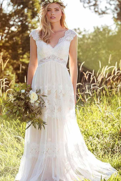 Boho Chic Prom Dress Made of Delicate Lace and Beaded Deep- V Neckline