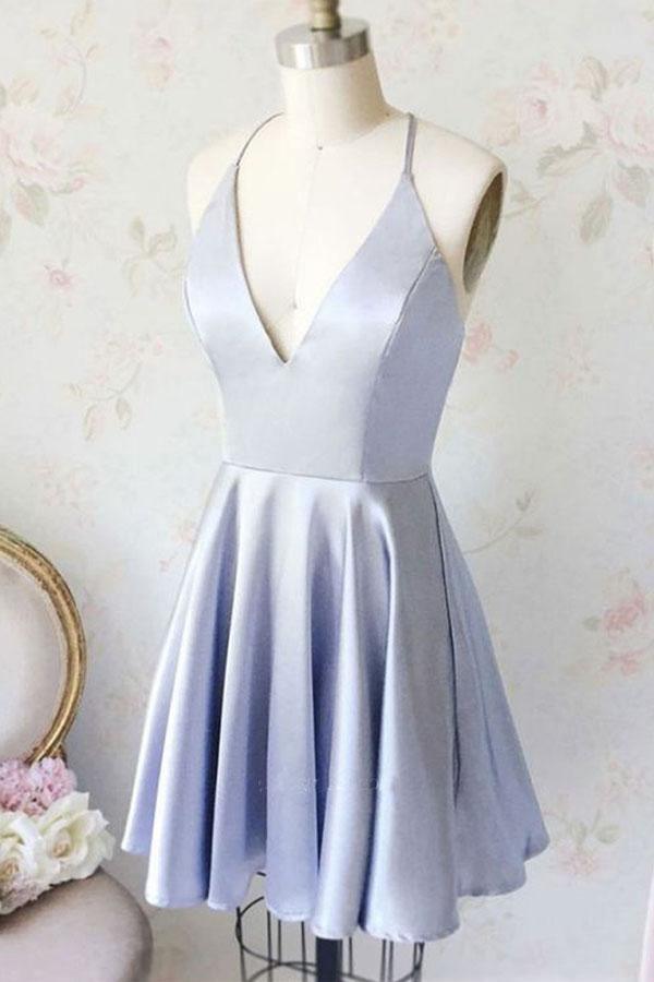 Simple A Line V Neck Light Blue Satin Homecoming Dresses with Pockets ...