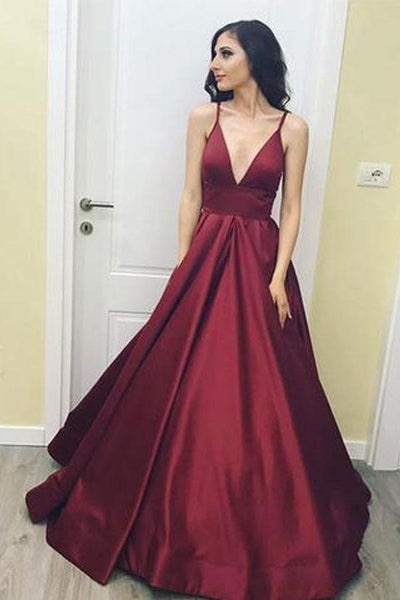 A-line V-neck Satin Burgundy Long Sleeve Prom/Formal Dress – Pgmdress