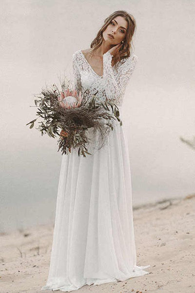 Long Sleeve Lace Wedding Dresses Lace Up Back Beach Wedding Dress – Pgmdress