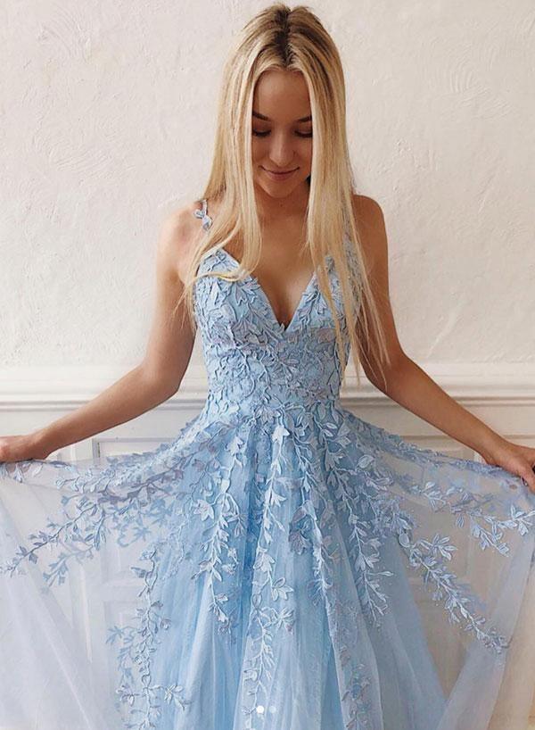 A-line V Neck Sleeveless Long/Floor-Length Lace Prom Dress With Beading - Prom  Dresses - Stacees