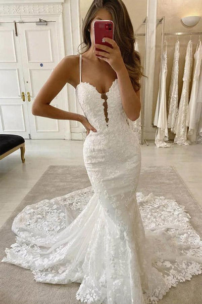 Deep v neck mermaid wedding dress hotsell