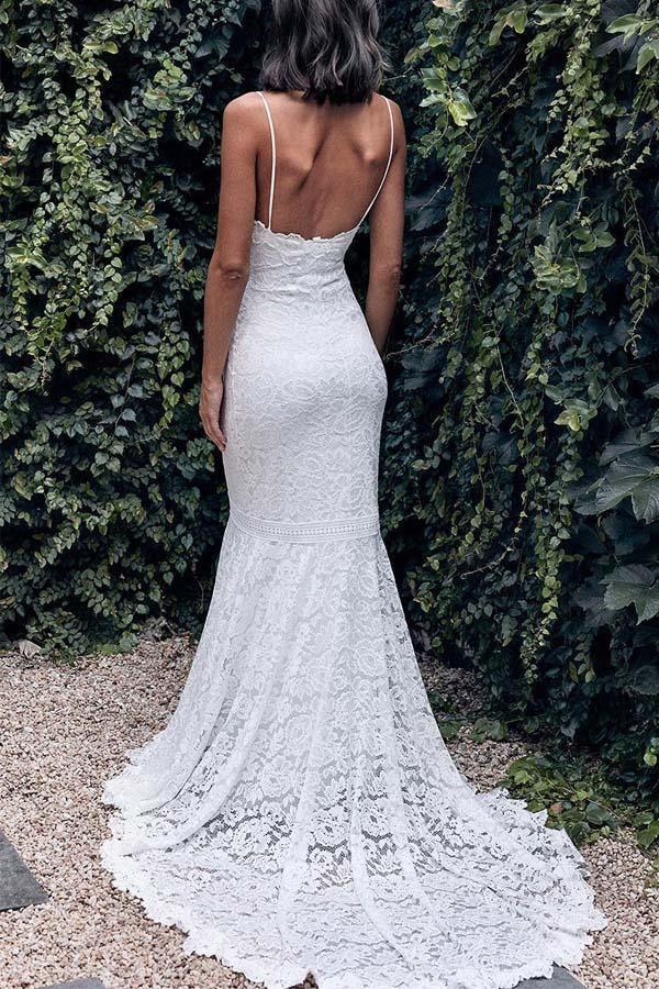 Spaghetti Strap Mermaid Lace Wedding Dresses with Asymmetric Tail VW21 –  Viniodress