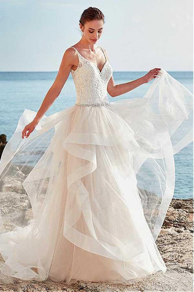 Spaghetti Straps Neckline A-Line Wedding Dress With Beaded – Pgmdress