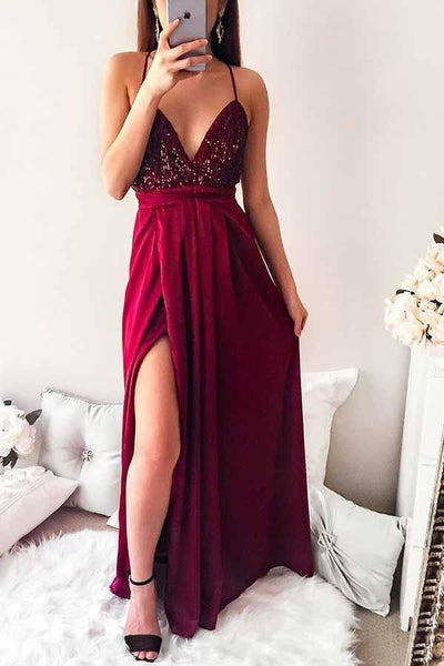 Spaghetti Straps Pleated Dark Red Long Prom Party Dress with Sequins Pgmdress