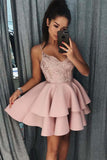 Spaghetti Straps Tiered Pink Satin Homecoming Dress with Sequins PD017