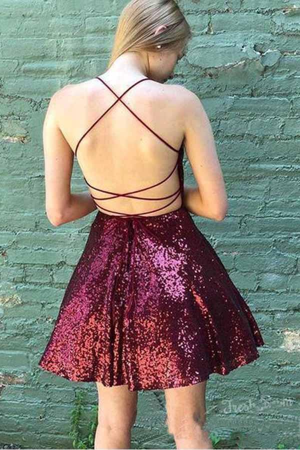 Light Orange Sequins V-Neck Backless A-Line Short Party Dress – Dreamdressy