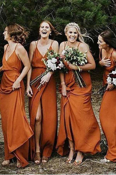 Straps A Line V Neck Orange Chiffon Bridesmaid Dress with Split US4 Custom Color