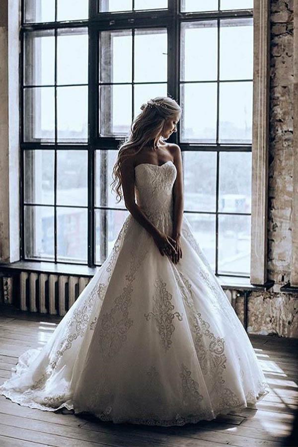 A-Line Deep V-Neck Crisscross Back Sweep Train Wedding Dress – Pgmdress
