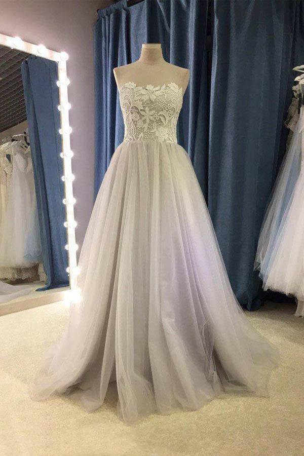 Strapless A Line Bohemian Wedding Dress Modest Tulle Bridal Gown – Pgmdress