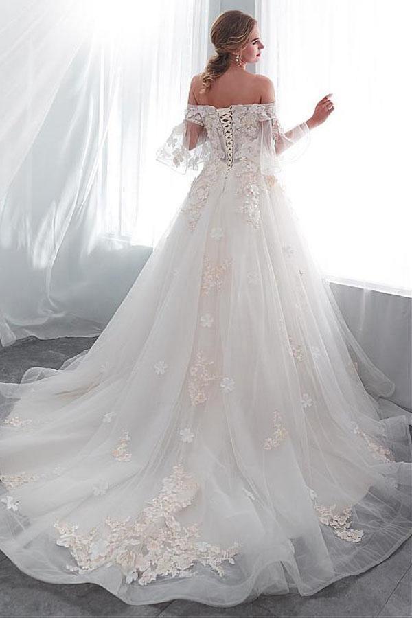 Tulle Off-the-shoulder Neckline A-line Wedding Dress With Appliques –  Pgmdress
