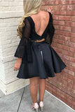 Two Piece Black Long Sleeve Lace Homecoming Dress Party Dress – Pgmdress