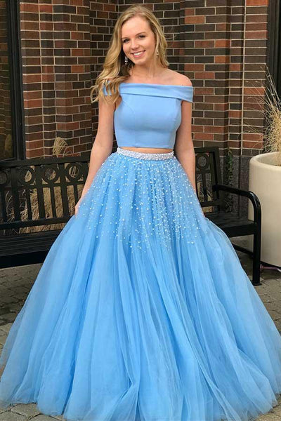 Two Pieces Off Shoulder Short Sleeve Light Blue Lace Prom Dress – Pgmdress