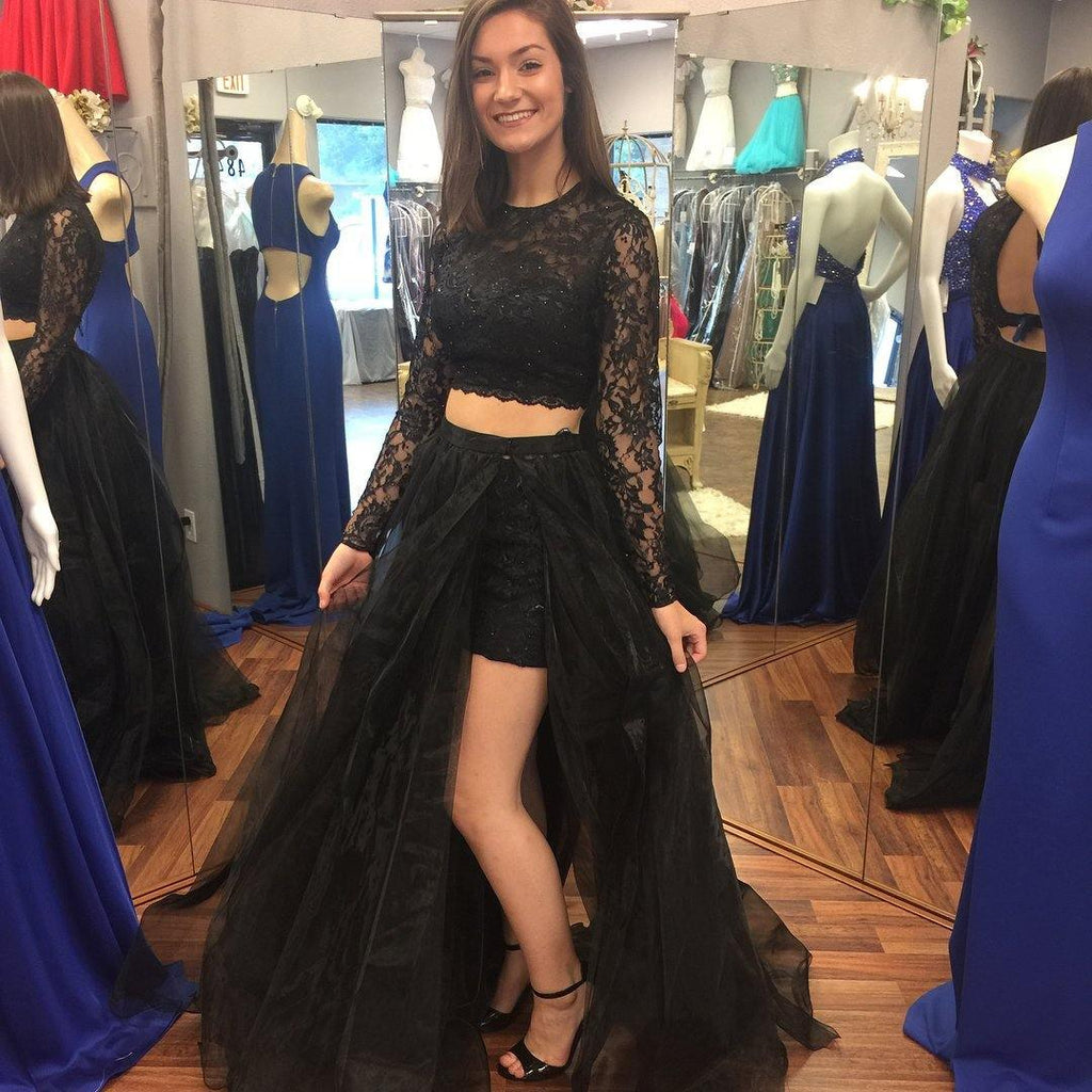 Two Pieces Black A-Line Long Sleeve O-Neck Long Prom Dresses – Pgmdress