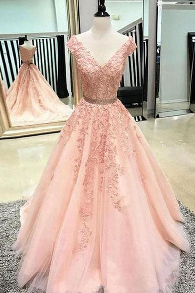 A Line V Neck Hot Pink Tulle Prom Dresses Formal Dresses-Pgmdress