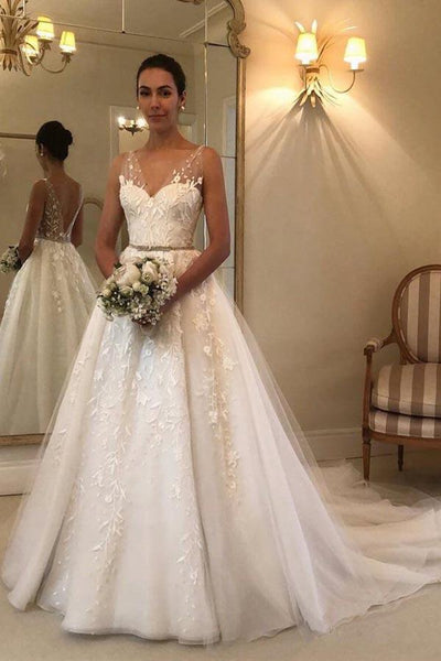 Deep V Neck Lace Wedding Dresses Romantic Bridal Gown With Train WD593