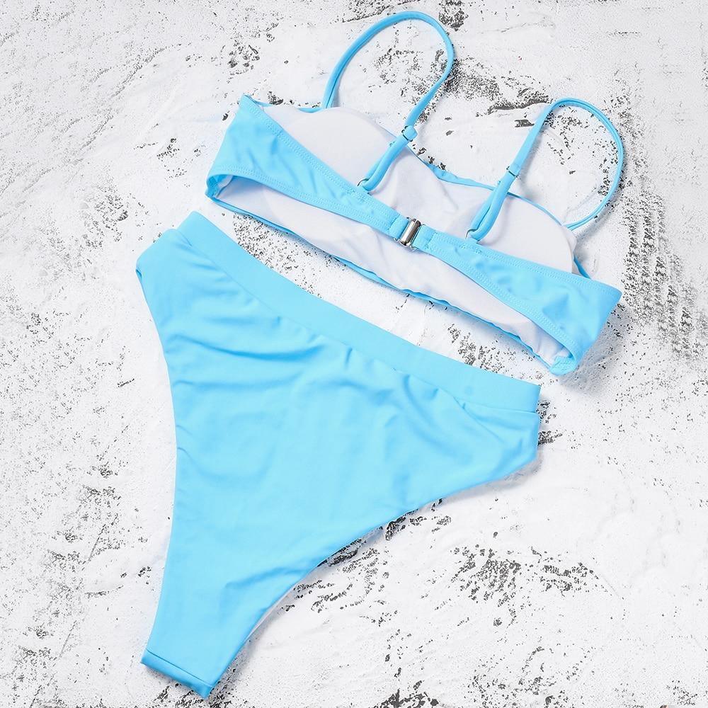 Sexy Solid Padded Bra Spaghetti Strap High Waist Biquini Swimsuit Swimwear  for Women, Size:L(Blue)